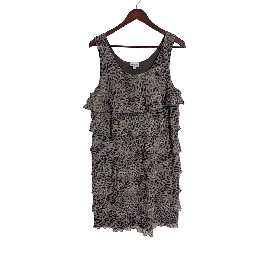 Biaggini Womens Leopard Print Tiered Ruffle Sleeveless Dress Olive Purple Sz 12